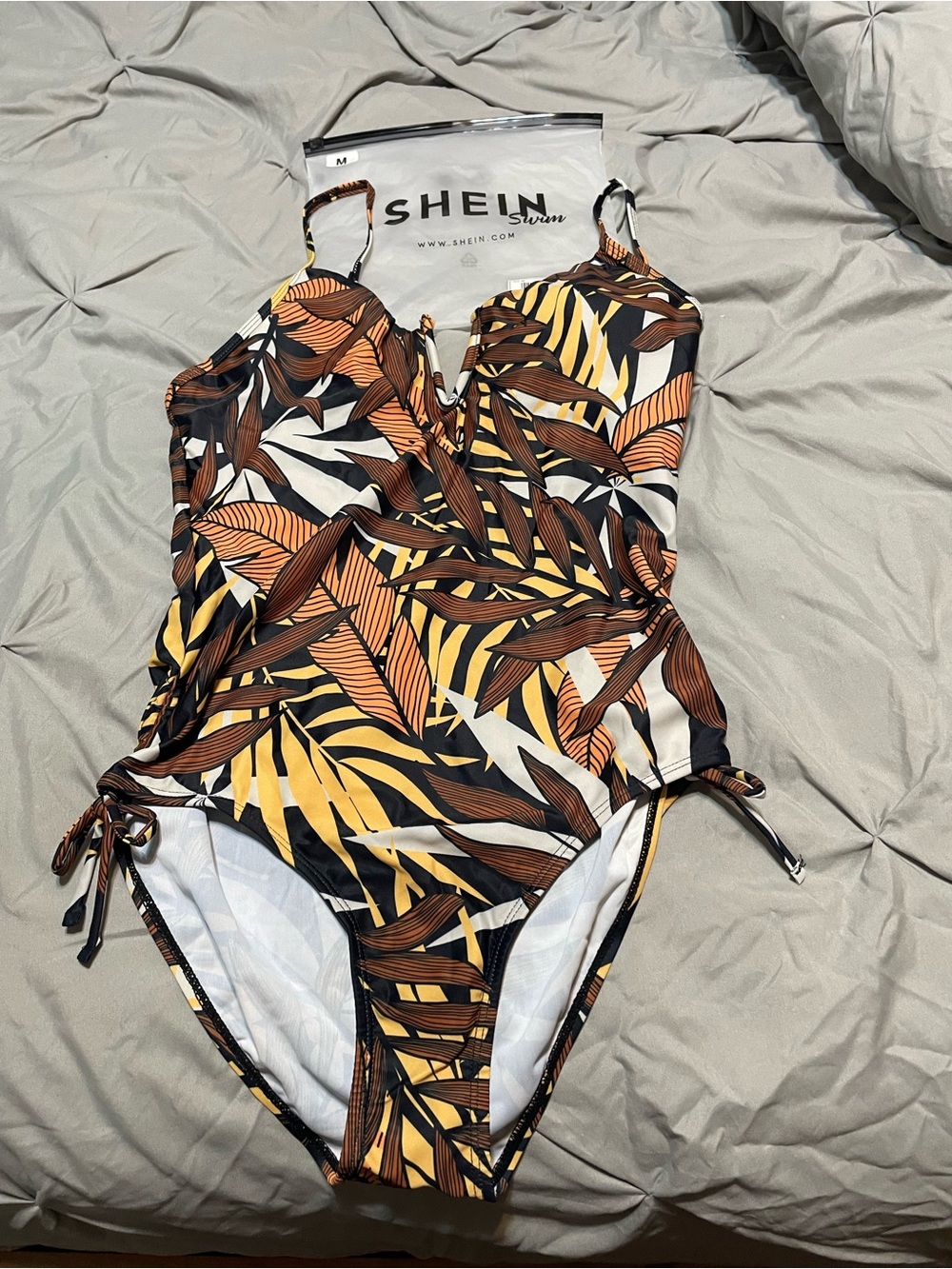 SHEIN Black One-Piece Swimsuit with Brown & Yellow Leaf Print